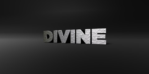 DIVINE - hammered metal finish text on black studio - 3D rendered royalty free stock photo. This image can be used for an online website banner ad or a print postcard.