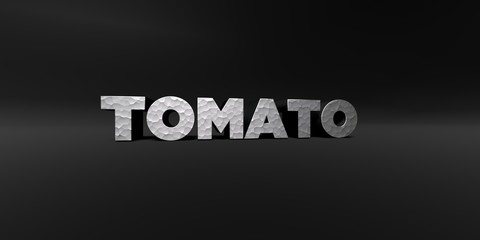 TOMATO - hammered metal finish text on black studio - 3D rendered royalty free stock photo. This image can be used for an online website banner ad or a print postcard.