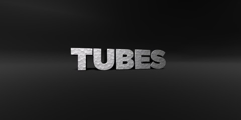 TUBES - hammered metal finish text on black studio - 3D rendered royalty free stock photo. This image can be used for an online website banner ad or a print postcard.