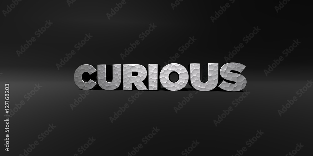 Fototapete curious - hammered metal finish text on black studio - 3d rendered royalty free stock photo. this im