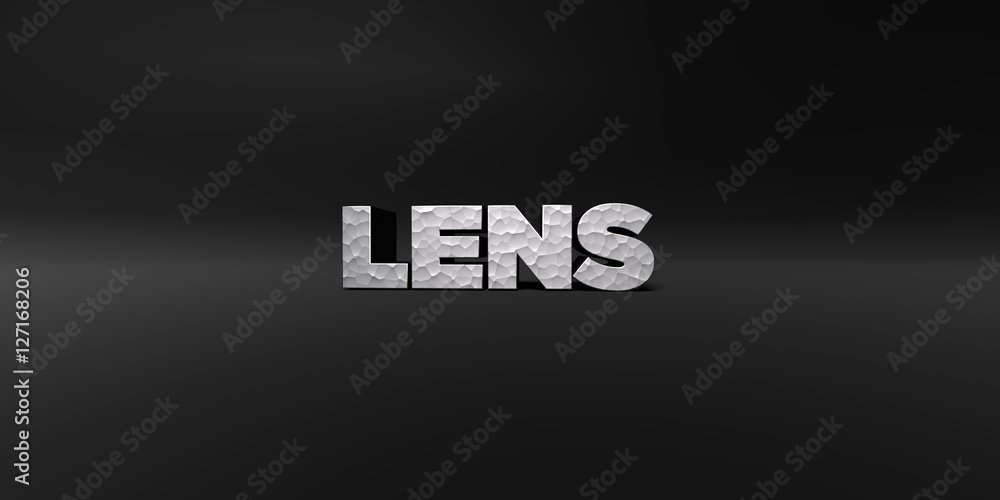 Fototapete lens - hammered metal finish text on black studio - 3d rendered royalty free stock photo. this image
