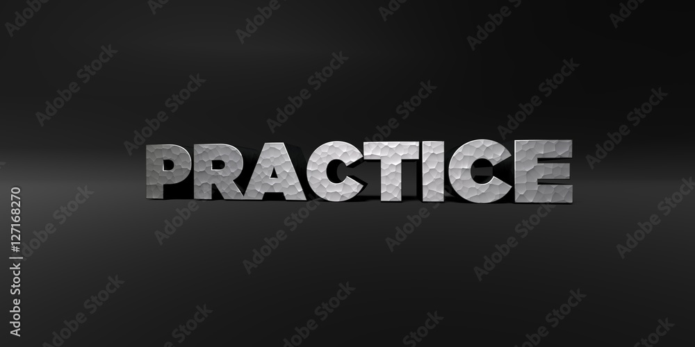 Fototapete practice - hammered metal finish text on black studio - 3d rendered royalty free stock photo. this i