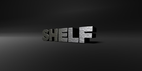 SHELF - hammered metal finish text on black studio - 3D rendered royalty free stock photo. This image can be used for an online website banner ad or a print postcard.