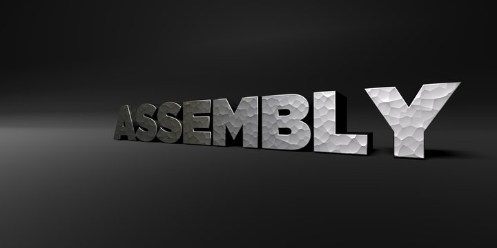 ASSEMBLY - hammered metal finish text on black studio - 3D rendered royalty free stock photo. This image can be used for an online website banner ad or a print postcard.