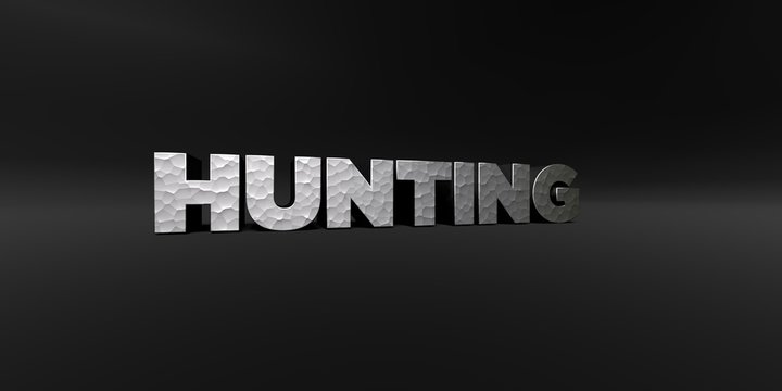 HUNTING - hammered metal finish text on black studio - 3D rendered royalty free stock photo. This image can be used for an online website banner ad or a print postcard.