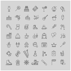Outline icons set - winter, christmas, holiday, party, birthday