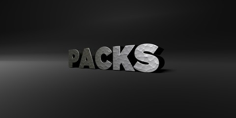 PACKS - hammered metal finish text on black studio - 3D rendered royalty free stock photo. This image can be used for an online website banner ad or a print postcard.