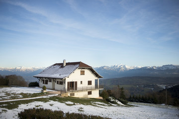 house in the Alps, Mont Blanc on the background