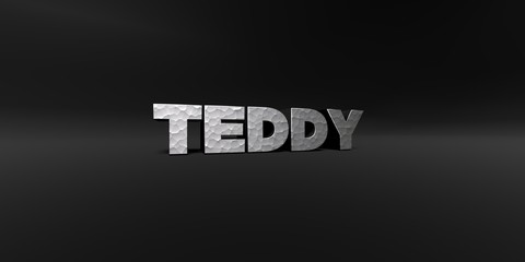 TEDDY - hammered metal finish text on black studio - 3D rendered royalty free stock photo. This image can be used for an online website banner ad or a print postcard.