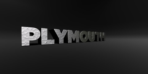 PLYMOUTH - hammered metal finish text on black studio - 3D rendered royalty free stock photo. This image can be used for an online website banner ad or a print postcard.