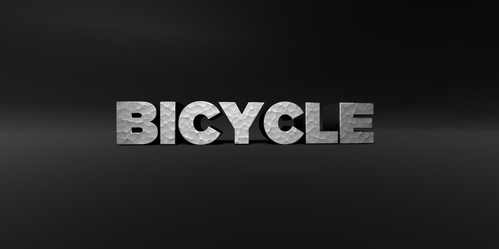 BICYCLE - hammered metal finish text on black studio - 3D rendered royalty free stock photo. This image can be used for an online website banner ad or a print postcard.