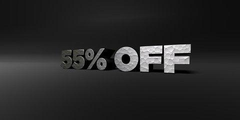 55% OFF - hammered metal finish text on black studio - 3D rendered royalty free stock photo. This image can be used for an online website banner ad or a print postcard.
