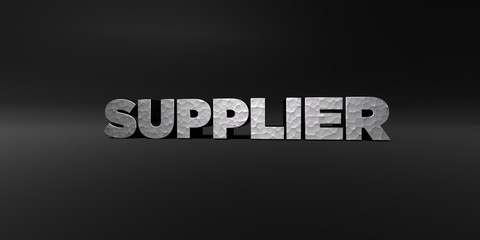 SUPPLIER - hammered metal finish text on black studio - 3D rendered royalty free stock photo. This image can be used for an online website banner ad or a print postcard.