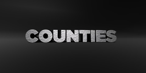 COUNTIES - hammered metal finish text on black studio - 3D rendered royalty free stock photo. This image can be used for an online website banner ad or a print postcard.