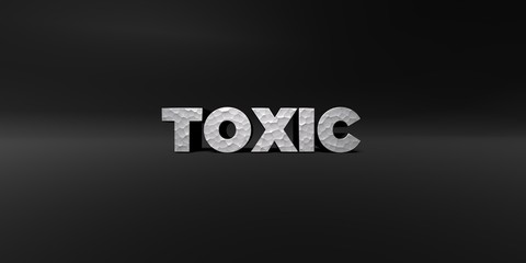 TOXIC - hammered metal finish text on black studio - 3D rendered royalty free stock photo. This image can be used for an online website banner ad or a print postcard.