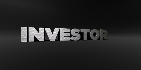 INVESTOR - hammered metal finish text on black studio - 3D rendered royalty free stock photo. This image can be used for an online website banner ad or a print postcard.