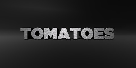 TOMATOES - hammered metal finish text on black studio - 3D rendered royalty free stock photo. This image can be used for an online website banner ad or a print postcard.