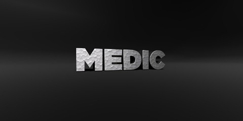 MEDIC - hammered metal finish text on black studio - 3D rendered royalty free stock photo. This image can be used for an online website banner ad or a print postcard.