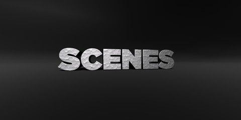 SCENES - hammered metal finish text on black studio - 3D rendered royalty free stock photo. This image can be used for an online website banner ad or a print postcard.