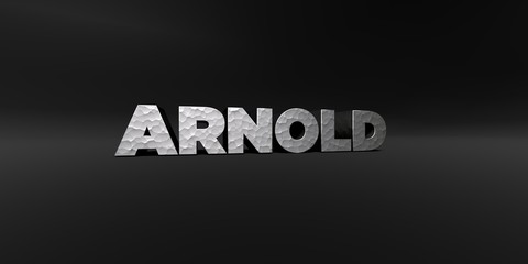ARNOLD - hammered metal finish text on black studio - 3D rendered royalty free stock photo. This image can be used for an online website banner ad or a print postcard.