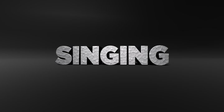 SINGING - hammered metal finish text on black studio - 3D rendered royalty free stock photo. This image can be used for an online website banner ad or a print postcard.