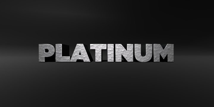 PLATINUM - hammered metal finish text on black studio - 3D rendered royalty free stock photo. This image can be used for an online website banner ad or a print postcard.