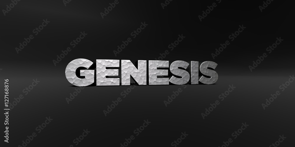 Fototapete genesis - hammered metal finish text on black studio - 3d rendered royalty free stock photo. this im
