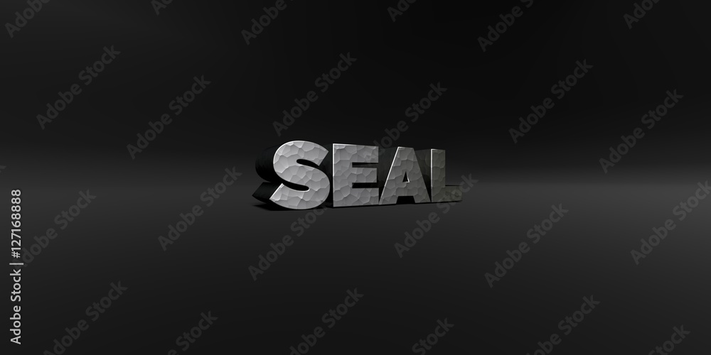 Fototapete seal - hammered metal finish text on black studio - 3d rendered royalty free stock photo. this image