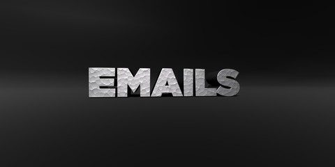 EMAILS - hammered metal finish text on black studio - 3D rendered royalty free stock photo. This image can be used for an online website banner ad or a print postcard.