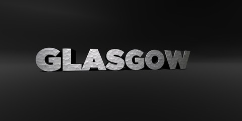 GLASGOW - hammered metal finish text on black studio - 3D rendered royalty free stock photo. This image can be used for an online website banner ad or a print postcard.