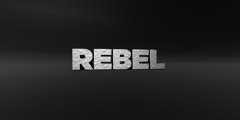 REBEL - hammered metal finish text on black studio - 3D rendered royalty free stock photo. This image can be used for an online website banner ad or a print postcard.