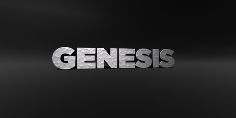 GENESIS - hammered metal finish text on black studio - 3D rendered royalty free stock photo. This image can be used for an online website banner ad or a print postcard.