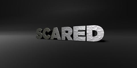 SCARED - hammered metal finish text on black studio - 3D rendered royalty free stock photo. This image can be used for an online website banner ad or a print postcard.