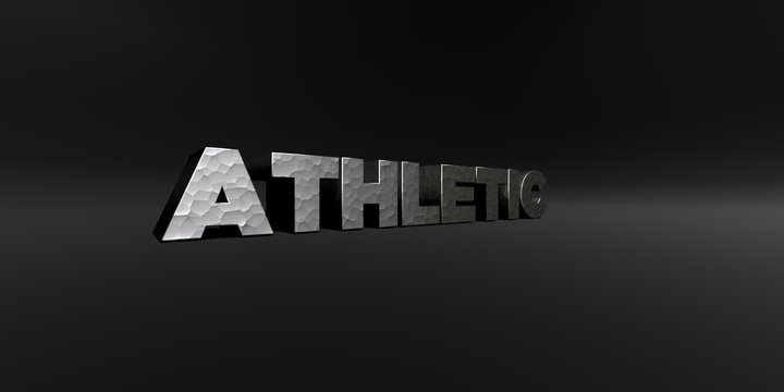 ATHLETIC - hammered metal finish text on black studio - 3D rendered royalty free stock photo. This image can be used for an online website banner ad or a print postcard.
