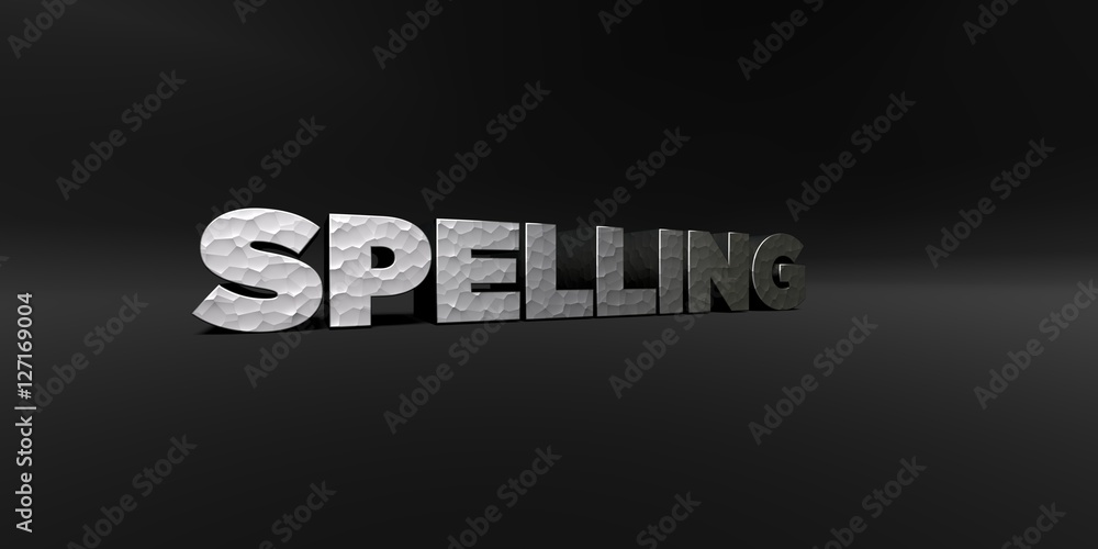Fototapete spelling - hammered metal finish text on black studio - 3d rendered royalty free stock photo. this i