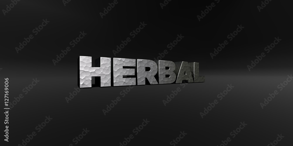 Fototapete herbal - hammered metal finish text on black studio - 3d rendered royalty free stock photo. this ima
