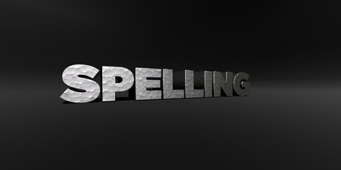 SPELLING - hammered metal finish text on black studio - 3D rendered royalty free stock photo. This image can be used for an online website banner ad or a print postcard.
