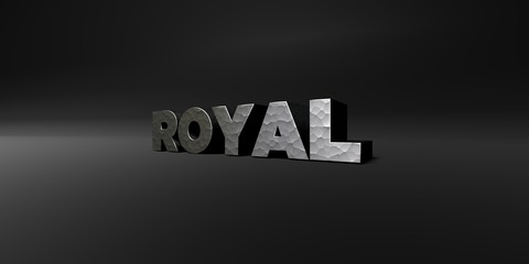 ROYAL - hammered metal finish text on black studio - 3D rendered royalty free stock photo. This image can be used for an online website banner ad or a print postcard.