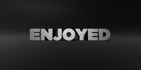 ENJOYED - hammered metal finish text on black studio - 3D rendered royalty free stock photo. This image can be used for an online website banner ad or a print postcard.