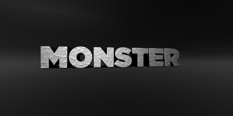 MONSTER - hammered metal finish text on black studio - 3D rendered royalty free stock photo. This image can be used for an online website banner ad or a print postcard.