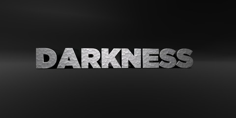DARKNESS - hammered metal finish text on black studio - 3D rendered royalty free stock photo. This image can be used for an online website banner ad or a print postcard.
