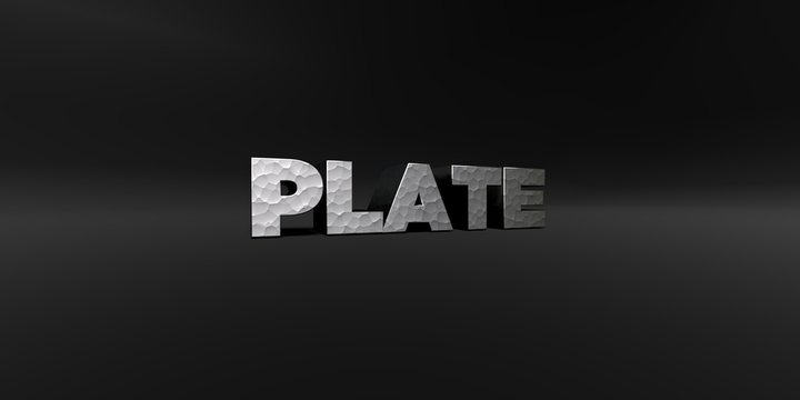 PLATE - hammered metal finish text on black studio - 3D rendered royalty free stock photo. This image can be used for an online website banner ad or a print postcard.