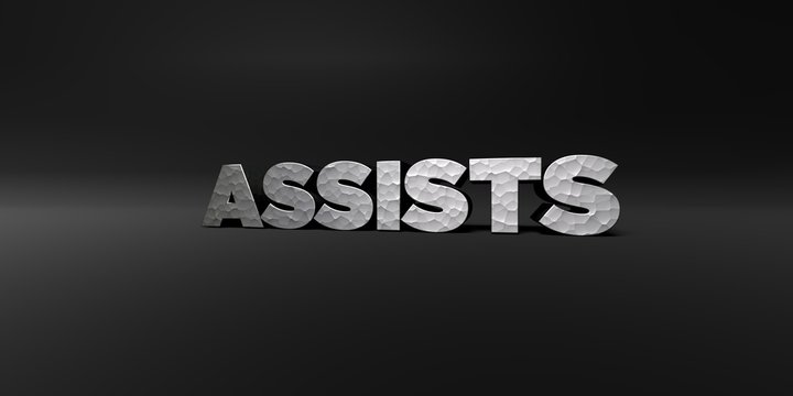 ASSISTS - hammered metal finish text on black studio - 3D rendered royalty free stock photo. This image can be used for an online website banner ad or a print postcard.