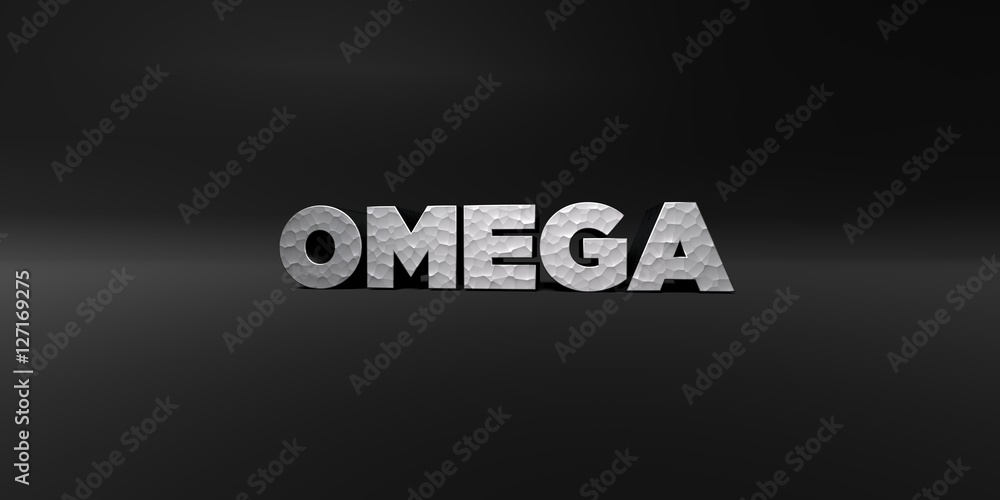 Fototapete omega - hammered metal finish text on black studio - 3d rendered royalty free stock photo. this imag