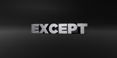 EXCEPT - hammered metal finish text on black studio - 3D rendered royalty free stock photo. This image can be used for an online website banner ad or a print postcard.