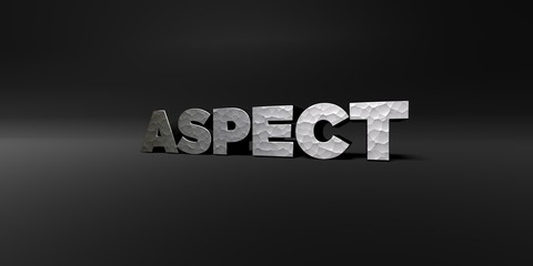 ASPECT - hammered metal finish text on black studio - 3D rendered royalty free stock photo. This image can be used for an online website banner ad or a print postcard.