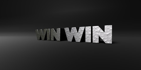 WIN WIN - hammered metal finish text on black studio - 3D rendered royalty free stock photo. This image can be used for an online website banner ad or a print postcard.