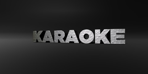 KARAOKE - hammered metal finish text on black studio - 3D rendered royalty free stock photo. This image can be used for an online website banner ad or a print postcard.