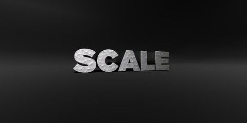 SCALE - hammered metal finish text on black studio - 3D rendered royalty free stock photo. This image can be used for an online website banner ad or a print postcard.