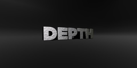 DEPTH - hammered metal finish text on black studio - 3D rendered royalty free stock photo. This image can be used for an online website banner ad or a print postcard.